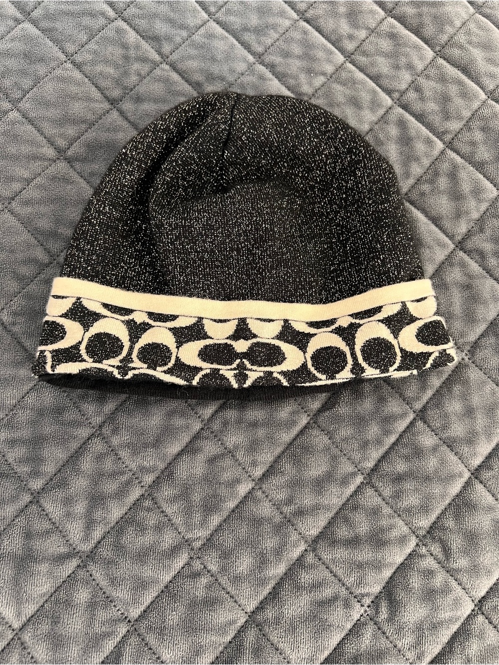 Coach Sparkle Beanie Women's One Size Wool Glitter Black Cream Metallic Y2K